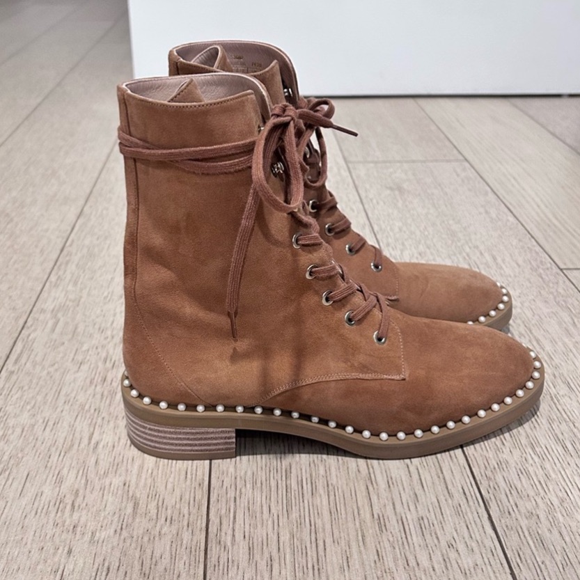 Stuart Weitzman Brown Suede Lace-Up Ankle Boots Pearl Trim Size 7.5